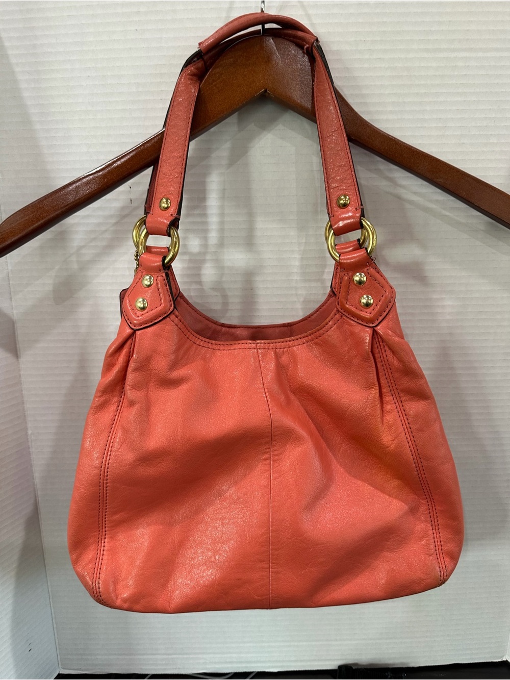 Coach Coral-Orange Leather Shoulder Bag with Gold Hardware - Picture 2 of 7